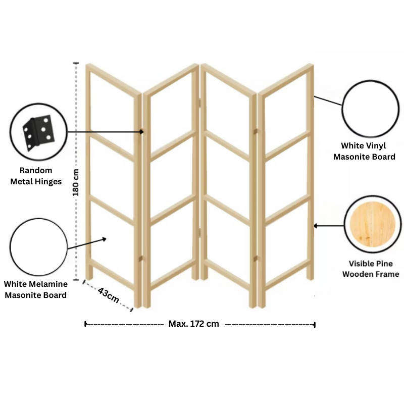 Partition Room Divider - 4-Panel Double-Sided Masonite Board Covered with Melamine and Vinyl Folding Screen Room Divider with Sealed Wooden Frames and Floor Protectors