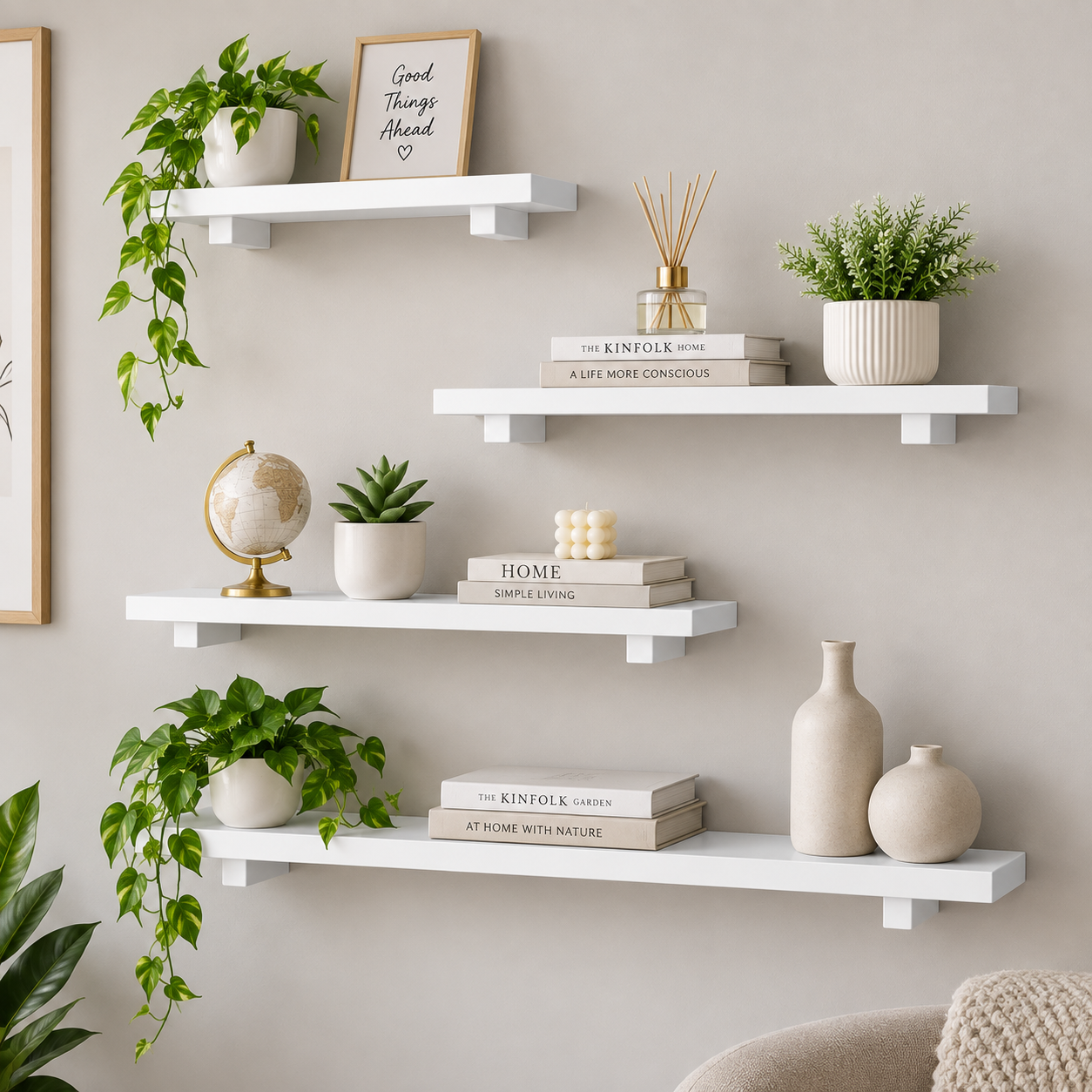 Set of 4 White Minimalist Display Wall Décor Shelves - (Mixed Size)