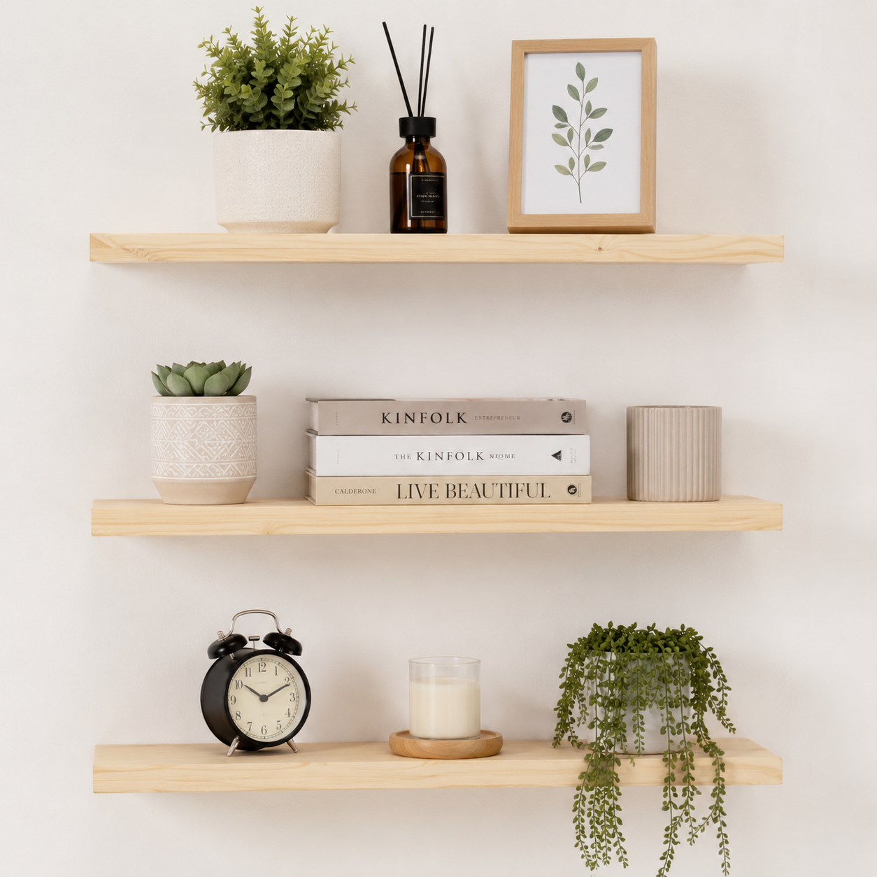 Set of 3 Display Wall Décor Floating Shelves with Hidden Metal - Natural Colour (600 x 140 x 20 mm)
