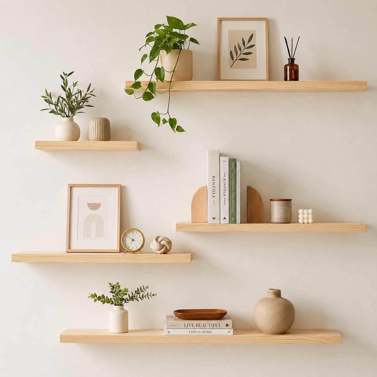 Set of 5 Display Wall Décor Floating Shelves with Hidden Metal - Natural Colour (Mixed Sizes)