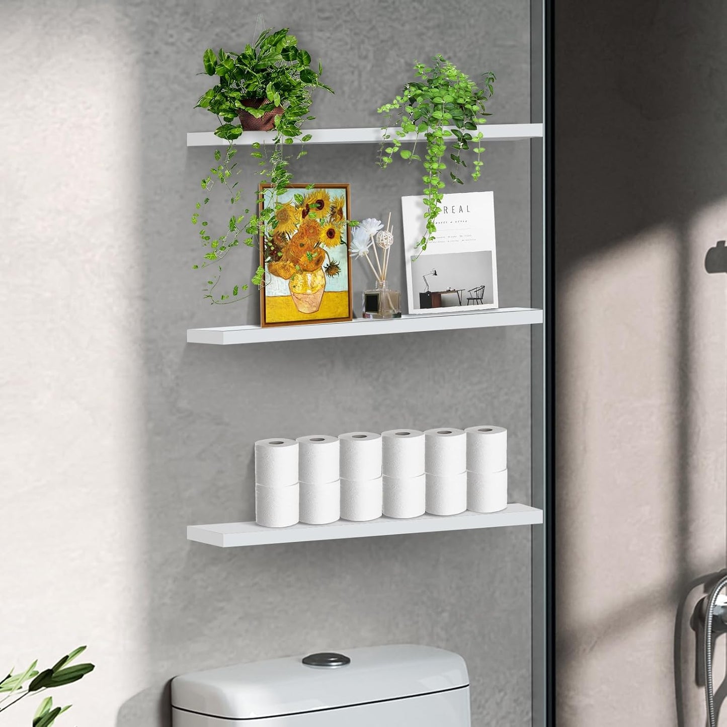 Set of 3 Display Wall Décor Floating Shelves with Hidden Metal - White (600 x 140 x 20 mm)