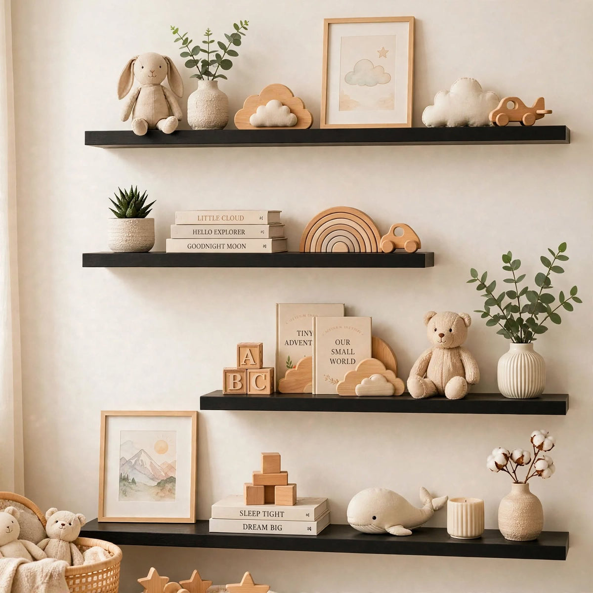 Set of 4 Display Wall Décor Floating Shelves - Black (Mixed Sizes)