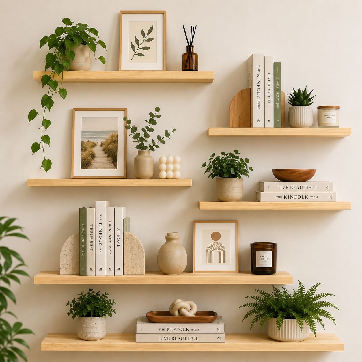 Set of 6 Display Wall Décor Floating Shelves with Hidden Metal - Natural Colour (Mixed Sizes)
