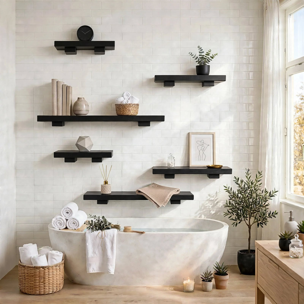 Set of 6 Display Wall Décor Shelves - Black Finish (Mixed Size)