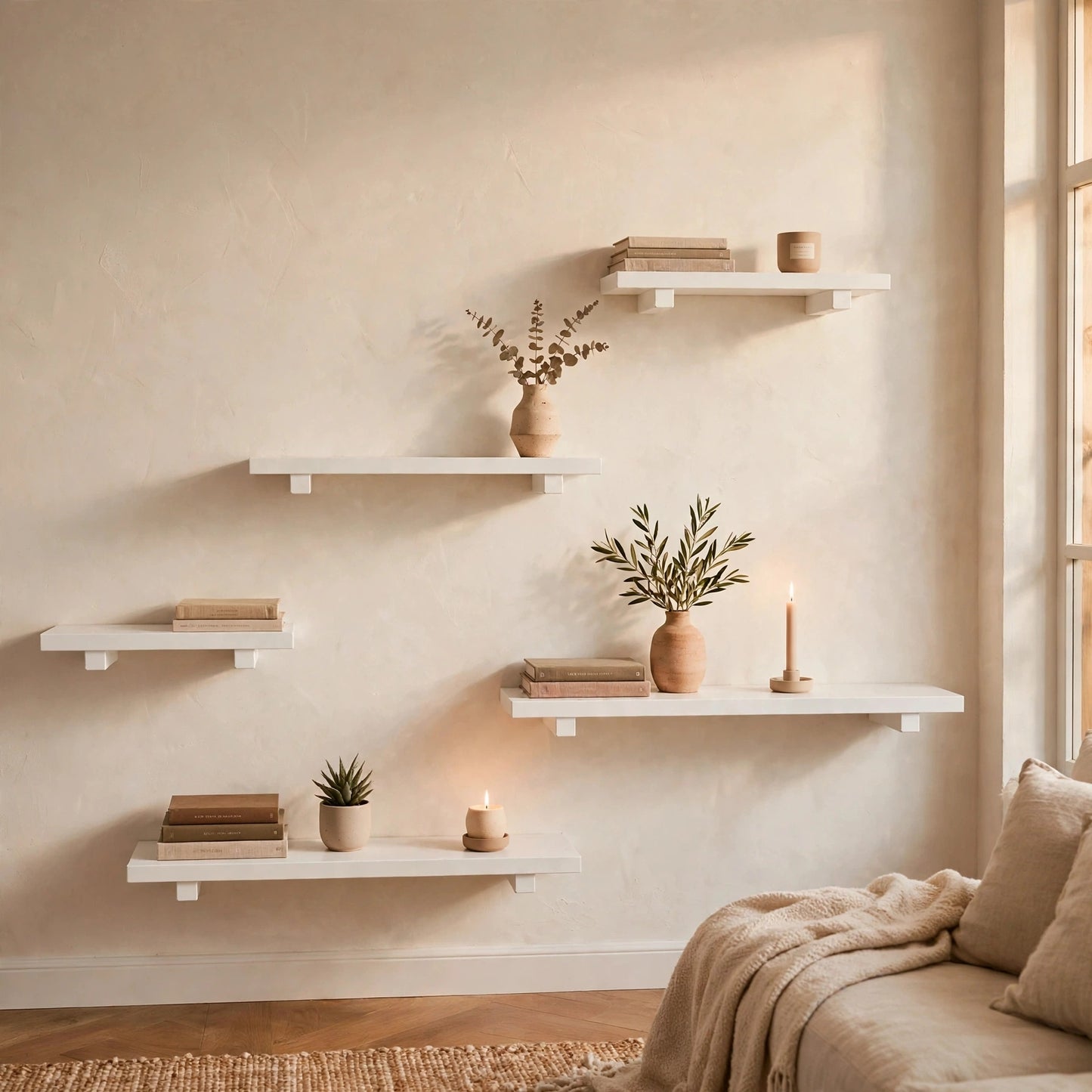 Set of 5 White Minimalist Display Wall Décor Shelves - (Mixed Size)