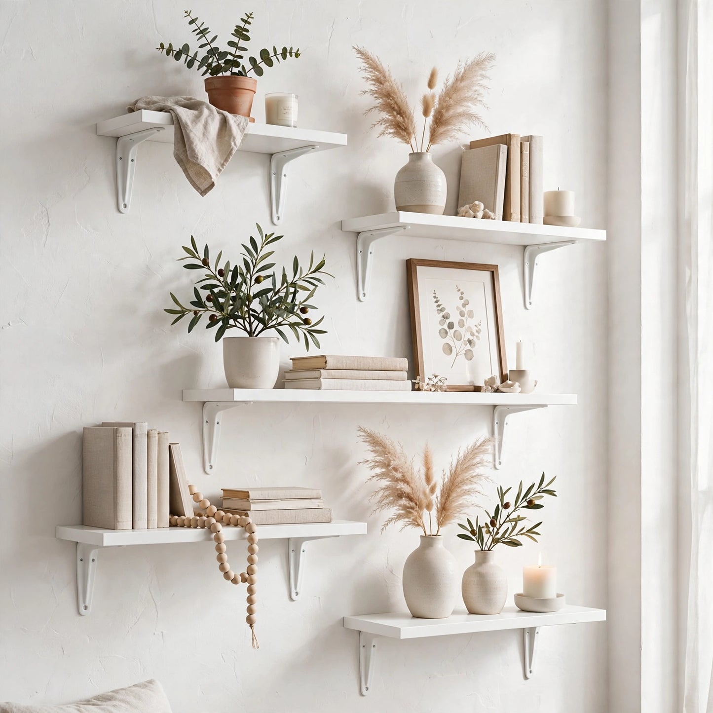 Set of 5 White Display Wall Décor Shelves - (Mixed-Sizes)