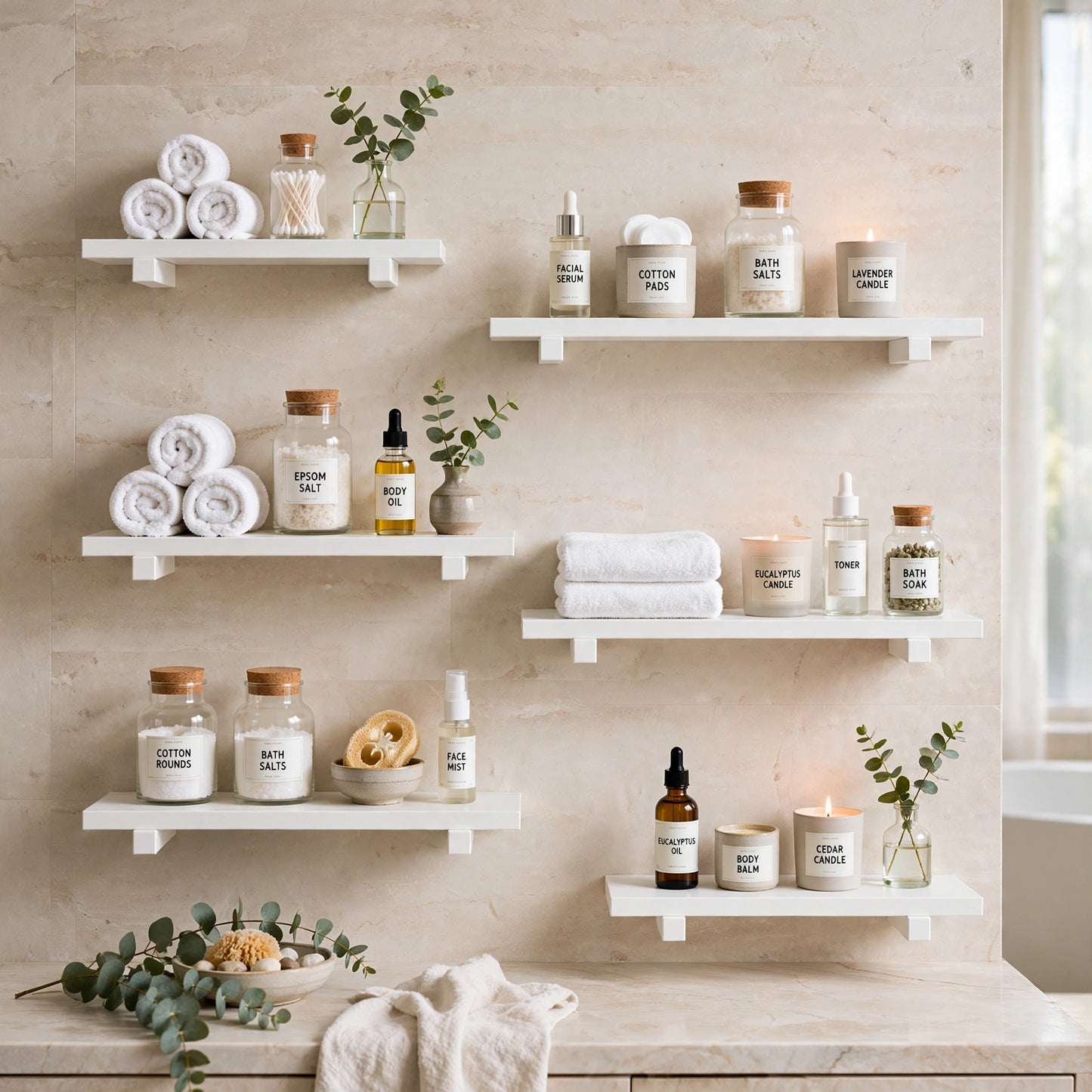 Set of 6 White Minimalist Display Wall Décor Shelves - (Mixed Size)