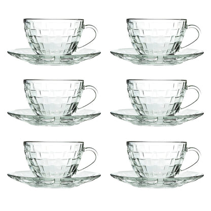 Glass Cup and Saucer Set - 12 Piece Elegant Diamond Pattern Glass Cup and Saucer Set
