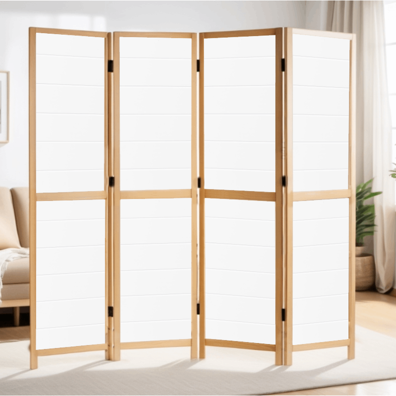 Partition Room Divider - 4-Panel Single-Sided White (Grooved) Finish Folding Screen Room Divider