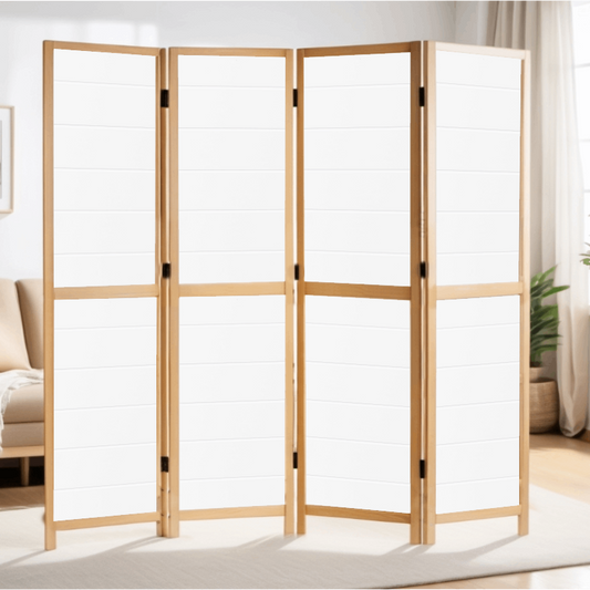 Partition Room Divider - 4-Panel Single-Sided White (Grooved) Finish Folding Screen Room Divider