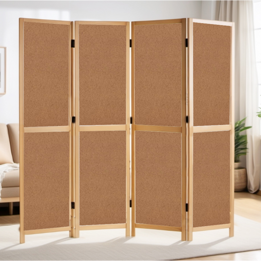 Partition Room Divider - 4-Panel Double-Sided Natural Sealed Masonite Board Folding Screen Room Divider with Sealed Wooden Frames Fitted with Floor Protectors
