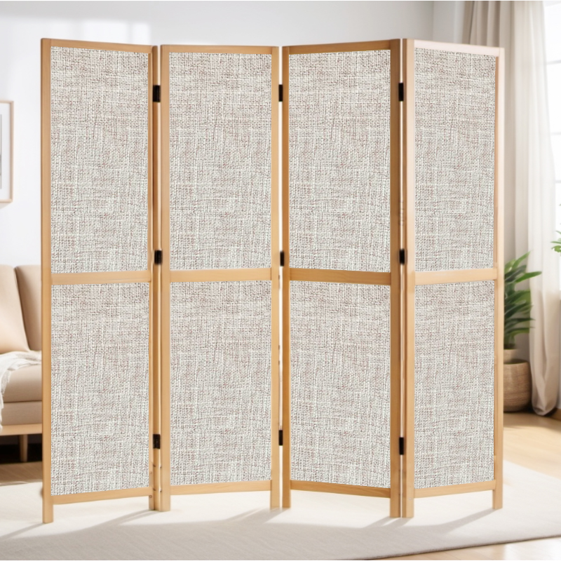 Partition Room Divider - 4-Panel Single-Sided Upholstery Fabric Folding Screen Room Divider with Wooden Frame