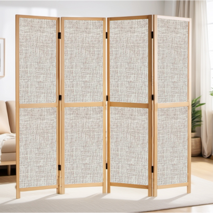 Partition Room Divider - 4-Panel Single-Sided Upholstery Fabric Folding Screen Room Divider with Wooden Frame
