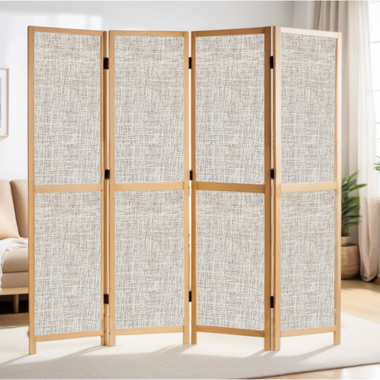 Partition Room Divider - 4-Panel Single-Sided Upholstery Fabric Folding Screen Room Divider with Wooden Frame