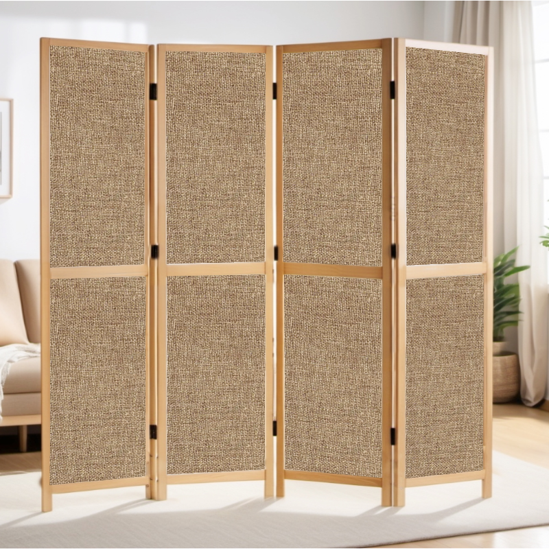 Partition Room Divider - 4-Panel Single-Sided Upholstery Fabric Folding Screen Room Divider with Sealed Wooden Frames Fitted with Floor Protectors