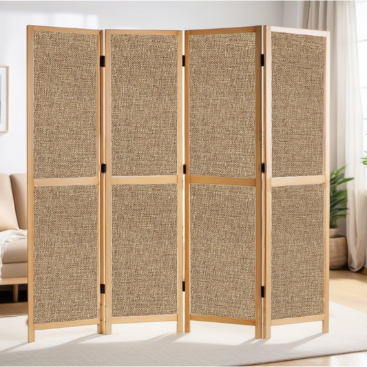 Partition Room Divider - 4-Panel Single-Sided Upholstery Fabric Folding Screen Room Divider with Wooden Frame