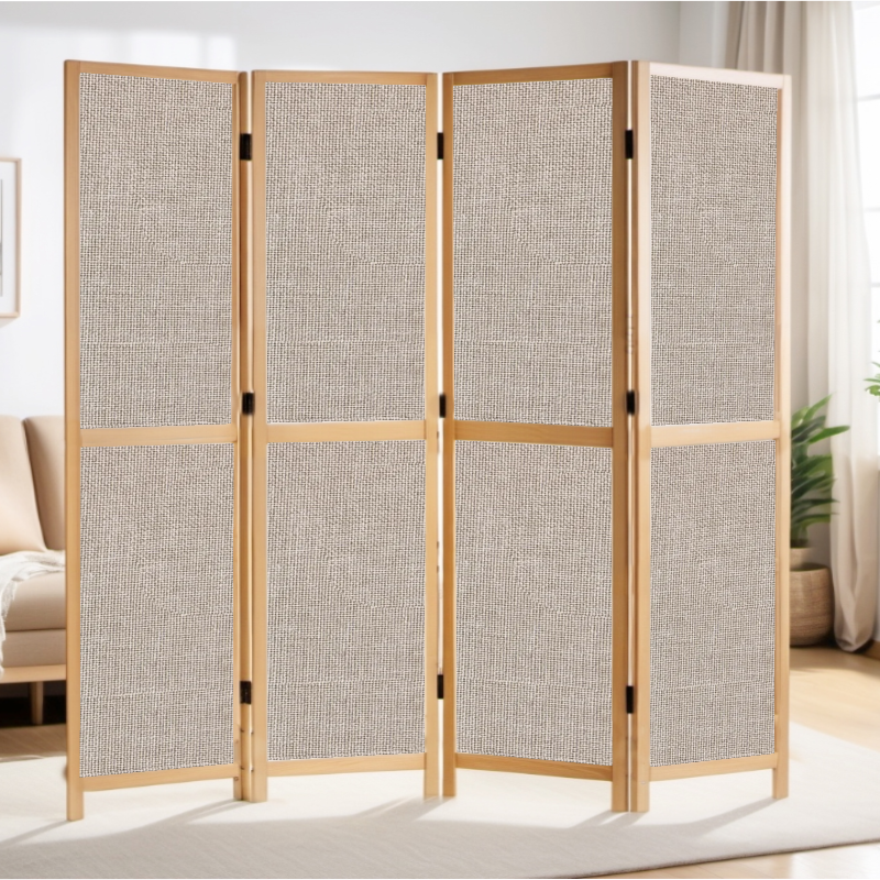 Partition Room Divider - 4-Panel Single-Sided Upholstery Fabric Folding Screen Room Divider with Sealed Wooden Frames Fitted with Floor Protectors