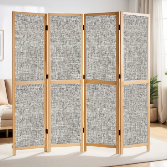 Partition Room Divider - 4-Panel Single-Sided Upholstery Fabric Folding Screen Room Divider with Wooden Frame