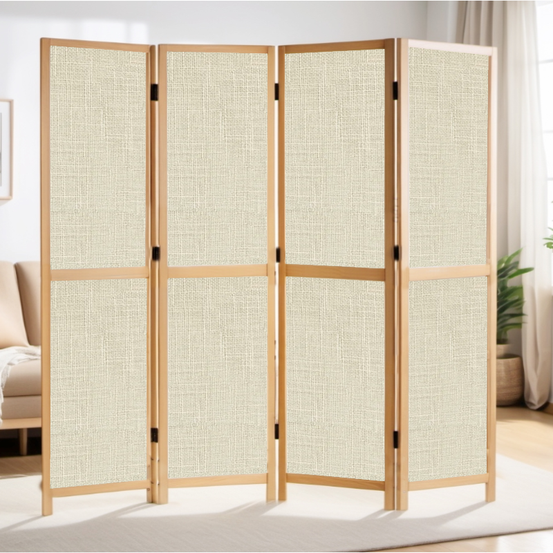 Partition Room Divider - 4-Panel Single-Sided Upholstery Fabric Folding Screen Room Divider with Wooden Frame