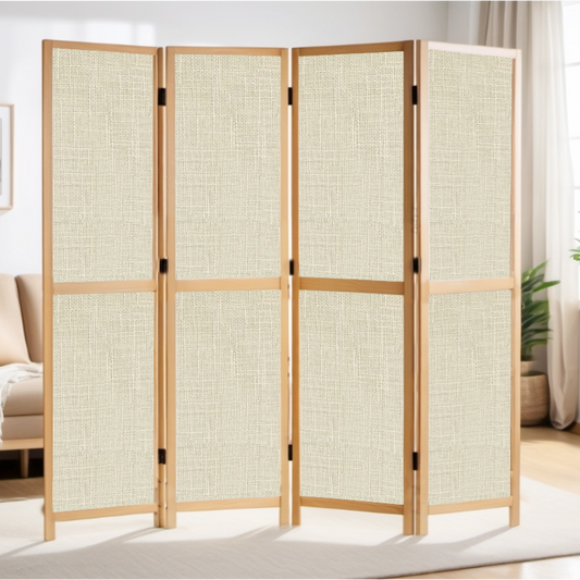 Partition Room Divider - 4-Panel Single-Sided Upholstery Fabric Folding Screen Room Divider with Wooden Frame