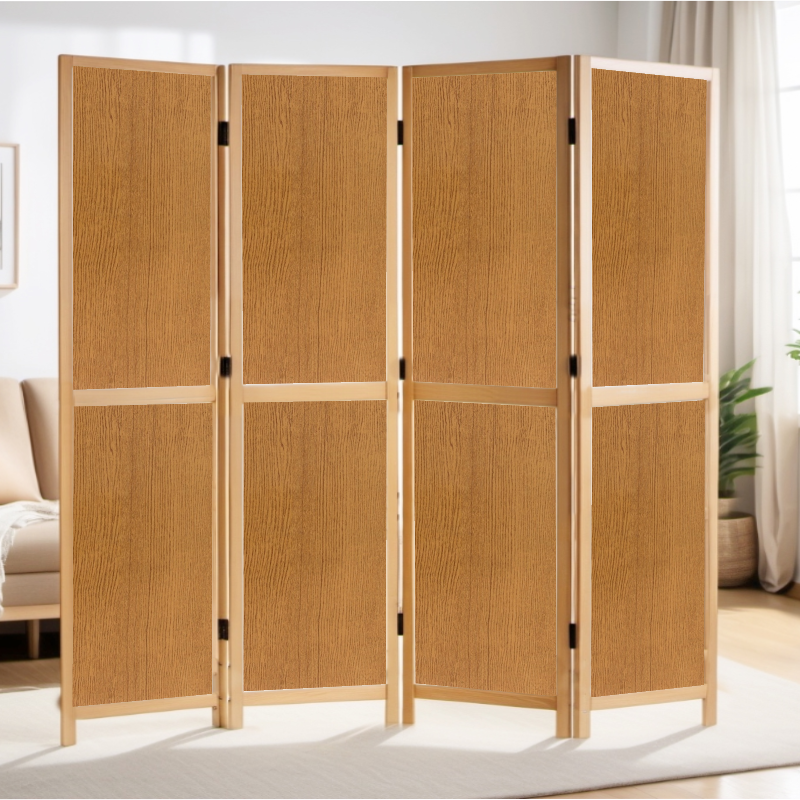 Partition Room Divider - 4-Panel Two-Faced Textured Oak and White Folding Screen Room Divider with Sealed Wooden Frames