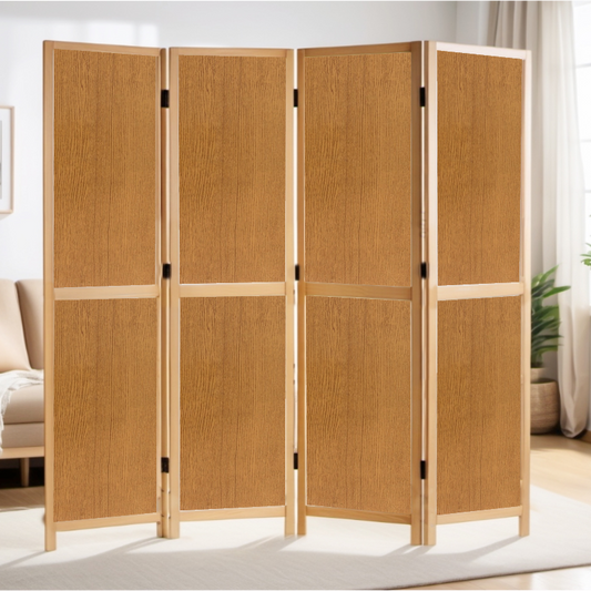 Partition Room Divider - 4-Panel Two-Faced Textured Oak and White Folding Screen Room Divider with Sealed Wooden Frames