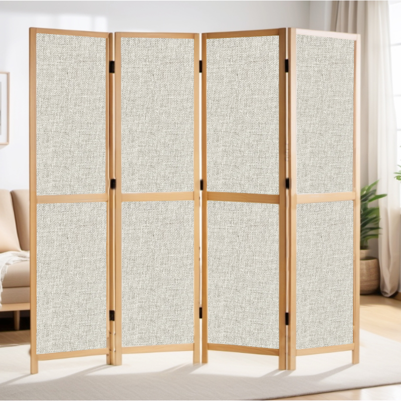 Partition Room Divider - 4-Panel Single-Sided Upholstery Fabric Folding Screen Room Divider with Sealed Wooden Frames Fitted with Floor Protectors