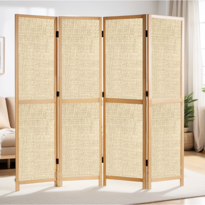Partition Room Divider - 4-Panel Single-Sided Upholstery Fabric Folding Screen Room Divider with Wooden Frame