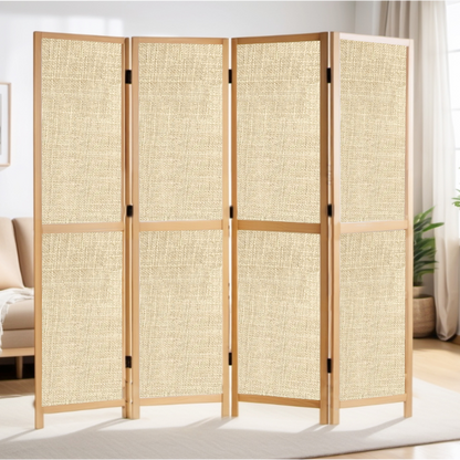 Partition Room Divider - 4-Panel Single-Sided Upholstery Fabric Folding Screen Room Divider with Wooden Frame