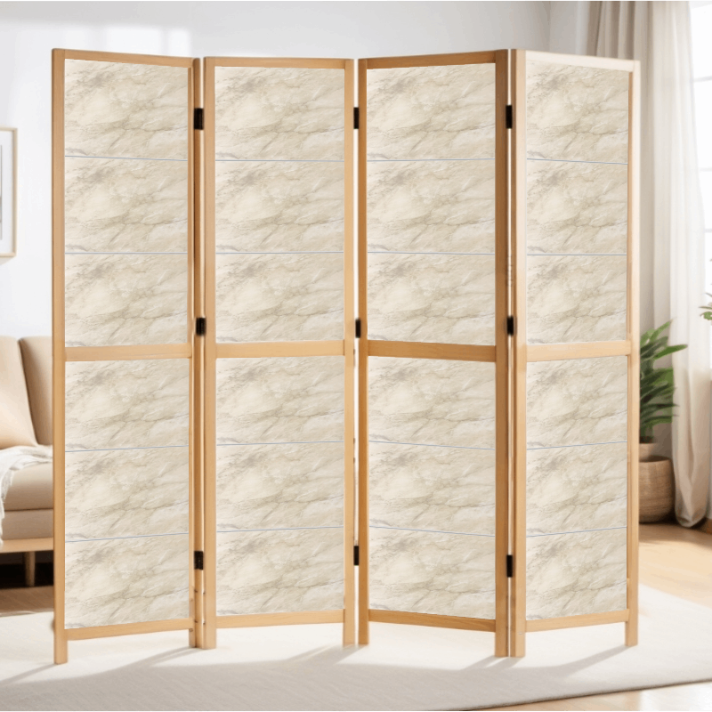 Partition Room Divider - 4-Panel Single-Sided Beige-and-Grey Finish Folding Screen Room Divider