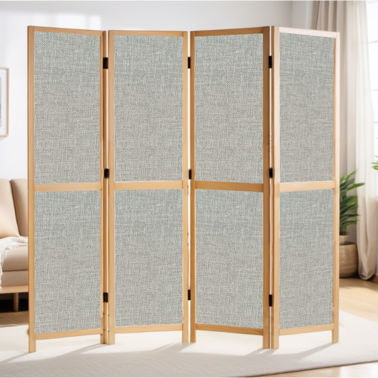 Partition Room Divider - 4-Panel Single-Sided Upholstery Fabric Folding Screen Room Divider with Wooden Frame