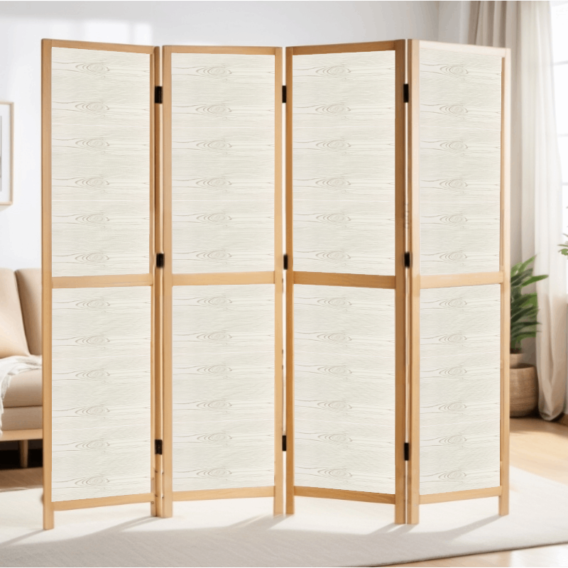 Partition Room Divider - 4-Panel Single-Sided Light Woodgrain Finish Folding Screen Room Divider
