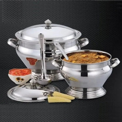Soup Tureen - 21cm Stainless Steel Soup Tureen with Lid and Serving Ladle