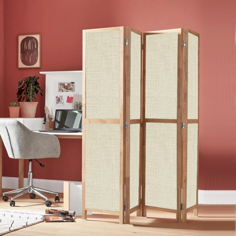 Partition Room Divider - 4-Panel Single-Sided Upholstery Fabric Folding Screen Room Divider with Wooden Frame