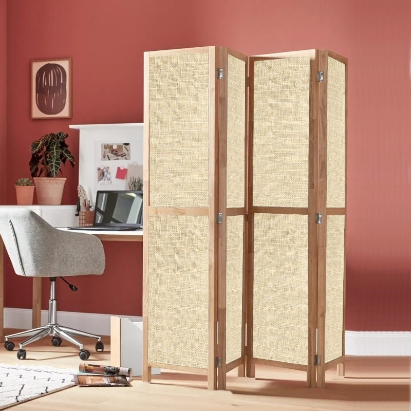 Partition Room Divider - 4-Panel Single-Sided Upholstery Fabric Folding Screen Room Divider with Wooden Frame
