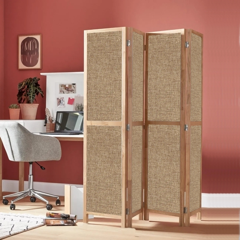 Partition Room Divider - 4-Panel Single-Sided Upholstery Fabric Folding Screen Room Divider with Sealed Wooden Frames Fitted with Floor Protectors