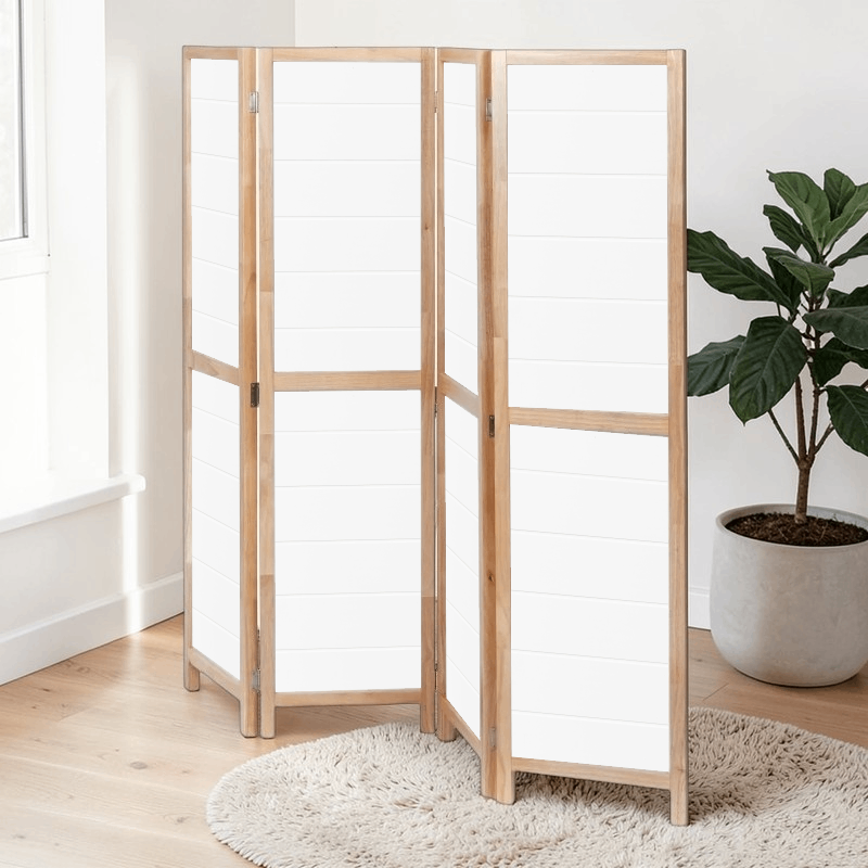 Partition Room Divider - 4-Panel Single-Sided White (Grooved) Finish Folding Screen Room Divider