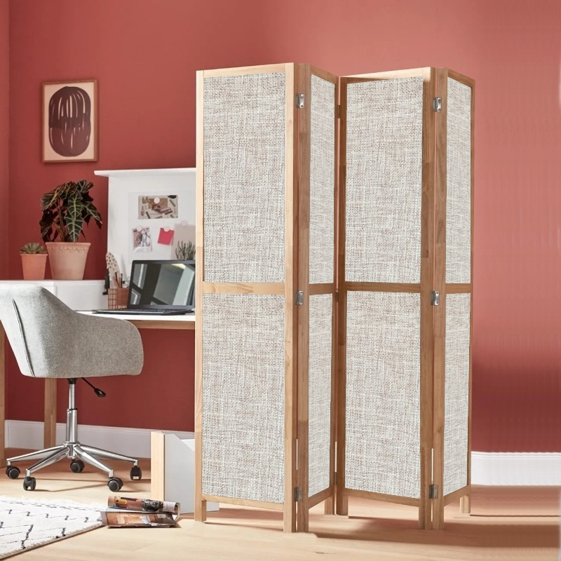Partition Room Divider - 4-Panel Single-Sided Upholstery Fabric Folding Screen Room Divider with Wooden Frame