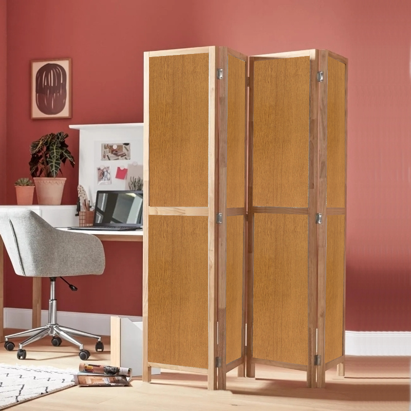 Partition Room Divider - 4-Panel Two-Faced Textured Oak and White Folding Screen Room Divider with Sealed Wooden Frames