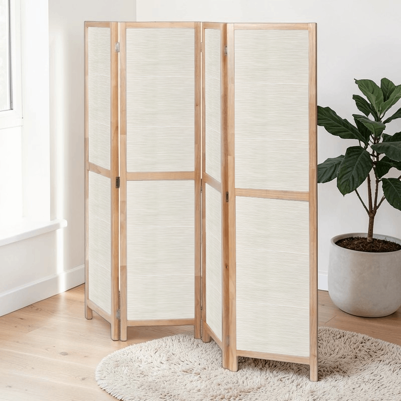 Partition Room Divider - 4-Panel Single-Sided Grey Stripe Finish Folding Screen Room Divider