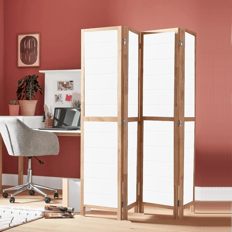 Partition Room Divider - 4-Panel Single-Sided White (Grooved) Finish Folding Screen Room Divider