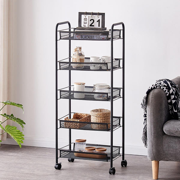 Metal Mesh Utility Cart - 5-Tier Metal Storage Rolling Mesh Utility Tr ...