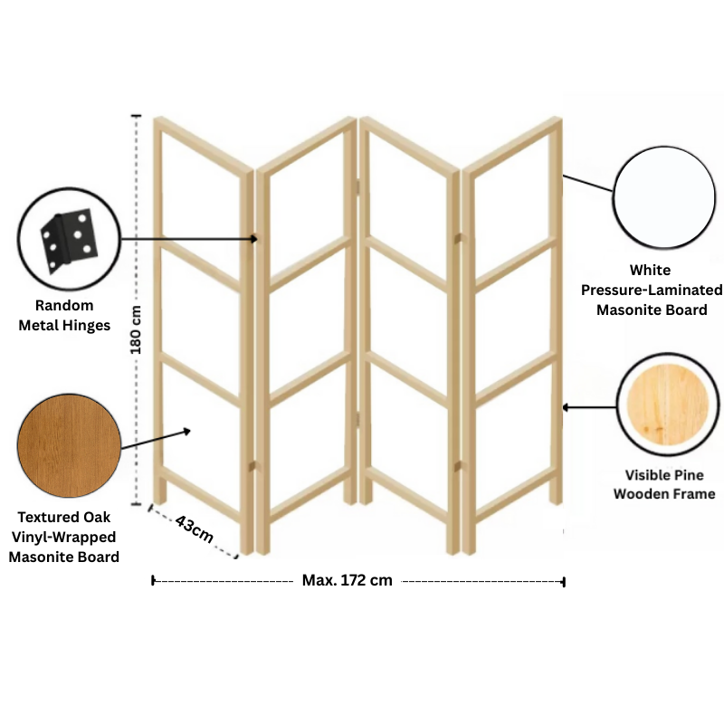 Partition Room Divider - 4-Panel Two-Faced Textured Oak and White Folding Screen Room Divider with Sealed Wooden Frames