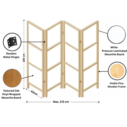 Partition Room Divider - 4-Panel Two-Faced Textured Oak and White Folding Screen Room Divider with Sealed Wooden Frames