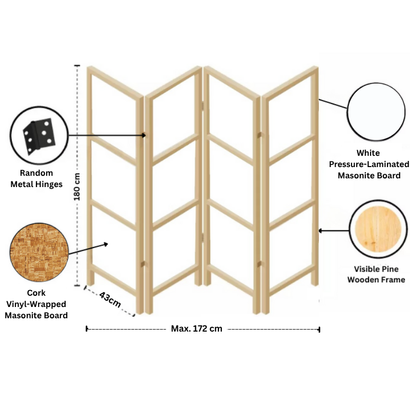 Partition Room Divider - 4-Panel Two-Faced Cork and White Folding Screen Room Divider with Sealed Wooden Frames