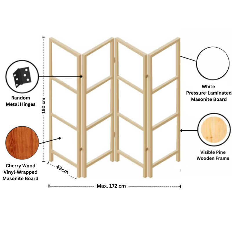 Partition Room Divider - 4-Panel Two-Faced Cherry and White Folding Screen Room Divider with Sealed Wooden Frames