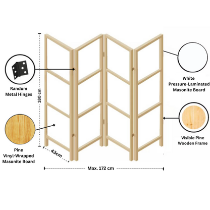 Partition Room Divider - 4-Panel Two-Faced Pine and White Finish Folding Screen Room Divider with Sealed Wooden Frames