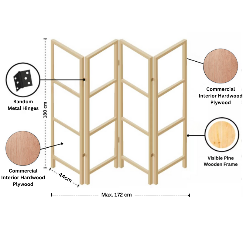 Partition Room Divider - 4-Panel Double-Sided Commercial Veneered-Face Interior Plywood Folding Screen Room Divider with Sealed Wooden Frames Fitted with Floor Protectors