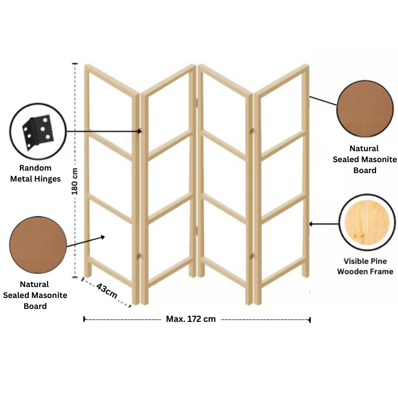 Partition Room Divider - 4-Panel Double-Sided Natural Folding Screen Room Divider with Sealed Wooden Frames Fitted with Floor Protectors
