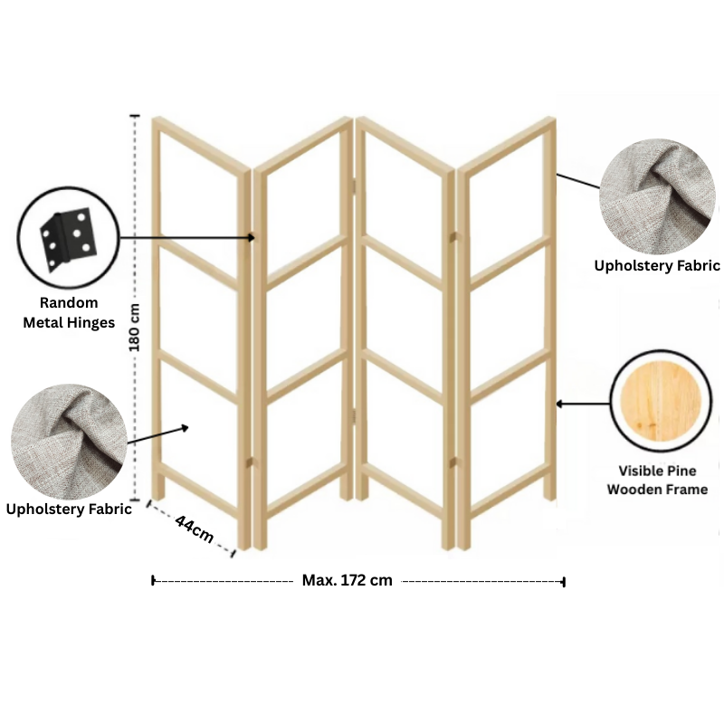 Partition Room Divider - 4-Panel Single-Sided Upholstery Fabric Folding Screen Room Divider with Wooden Frame